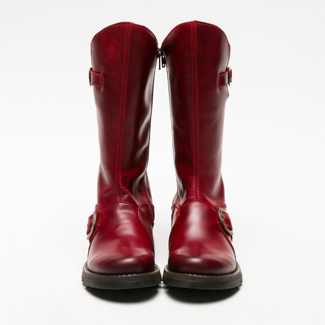 Fly London Womens Red Mes 2 Wedge Heel Buckle Mid-Calf Leather Zip Platform Boots