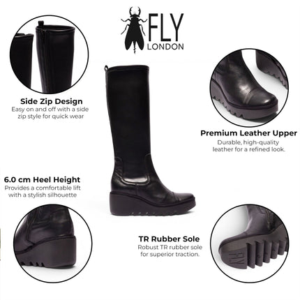 Fly London Womens Black Leather High Wedge Heel Long Boots - BUDI603