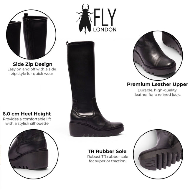 Fly London Womens Black Leather High Wedge Heel Long Boots - BUDI603