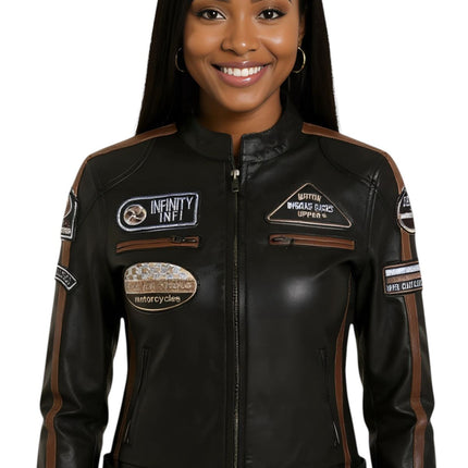 Womens Biker Racing Badges Leather Jacket-Eastleigh