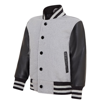 Kids Grey Wool Varsity Bomber Jacket with Real Leather Sleeves
