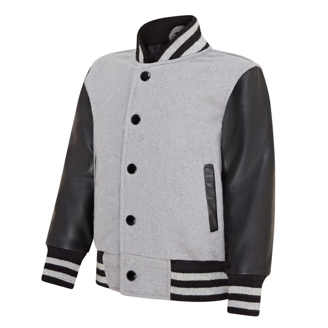 Kids Grey Wool Varsity Bomber Jacket with Real Leather Sleeves