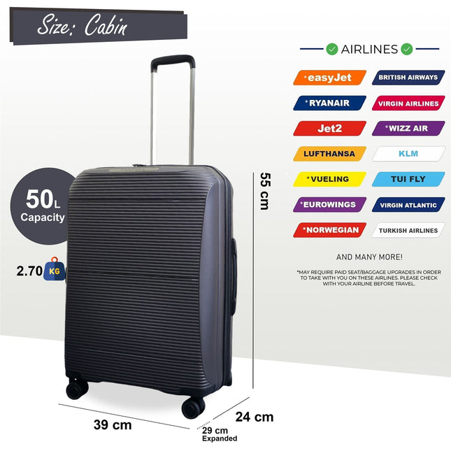 Expandable Strong ABS Hardshell Cabin Suitcase 55 x 39 x 24 cm Luggage Suitable for Easyjet, Ryanair