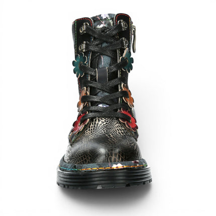 Laura Vita Women's Gothic Victorian Floral Black Leather Lace-Up Boots - Incaso-39