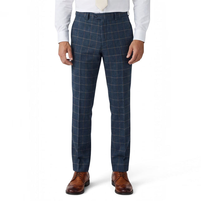 Men's Navy Tweed Herringbone Check Trousers - Harris