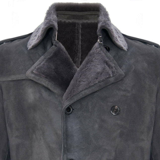 Mens Shearling Sheepskin Suede Pea Coat-Cali