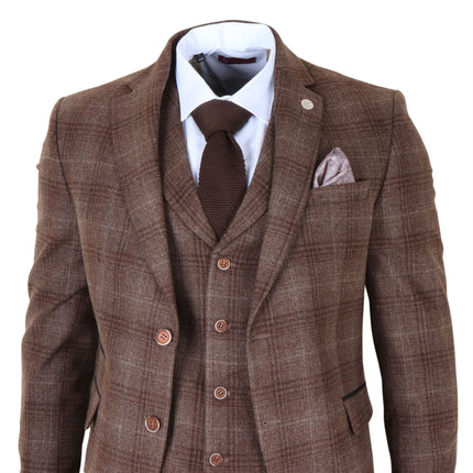 Men's Formal Brown Tweed  3 Piece Check Vintage Gatsby Style Suit
