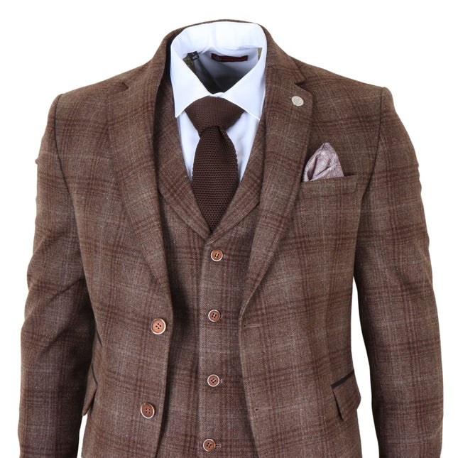 Men's Formal Brown Tweed  3 Piece Check Vintage Gatsby Style Suit