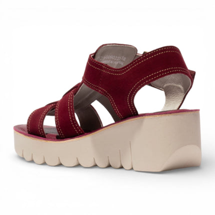 Fly London Women's YUDD236FLY Berry Red Leather Wedge Sandals