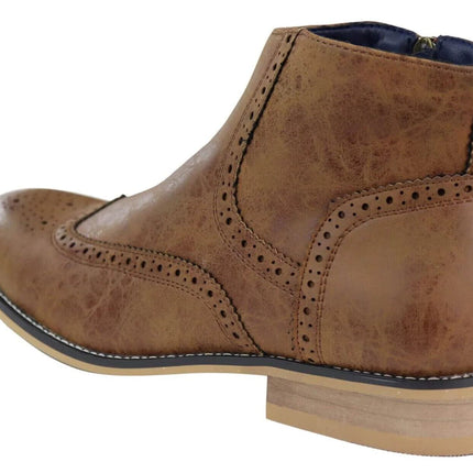 Mens Tan Leather Brogue Zip Up Chelsea Boots