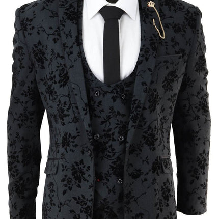 Mens 3 Piece Black Paisley Velvet Dinner Suit
