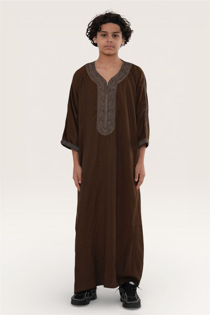Kids Boys Ramadan Dark Brown Moroccan Thobe Robe Djellaba Gandoura Eid Jubba- K-HM67