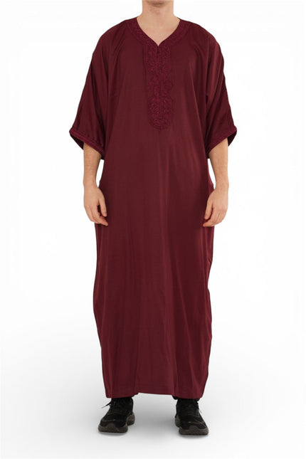 Men's Wine Red Moroccan Thobe Jubba Robe Eid Djellaba Gandoura - HM62