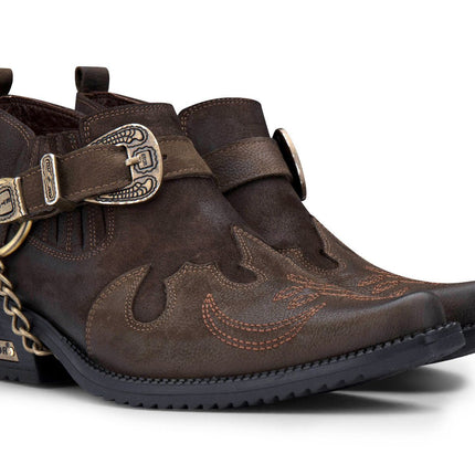 Men's Brown Leather Metal Chain Winklepicker Cowboy Boots