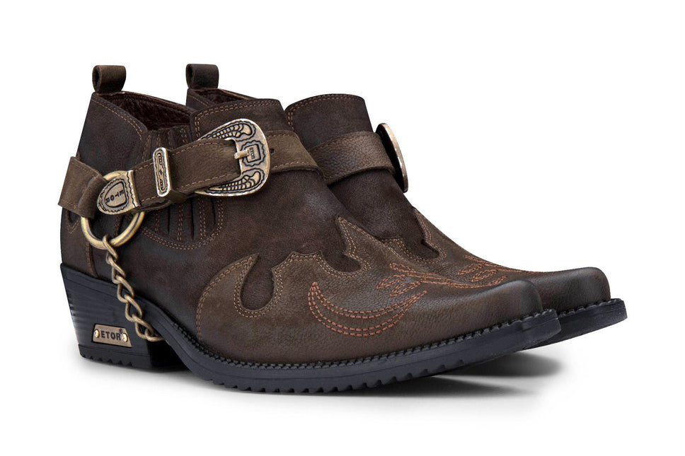 Men's Brown Leather Metal Chain Winklepicker Cowboy Boots