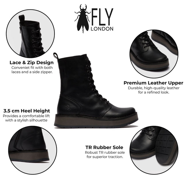 Fly London Womens Black Rami043 Casual Leather Lace-Up Ankle Dress Boots