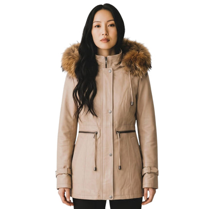 Womens Beige Warm Leather Hooded Parka Jacket-Northwich