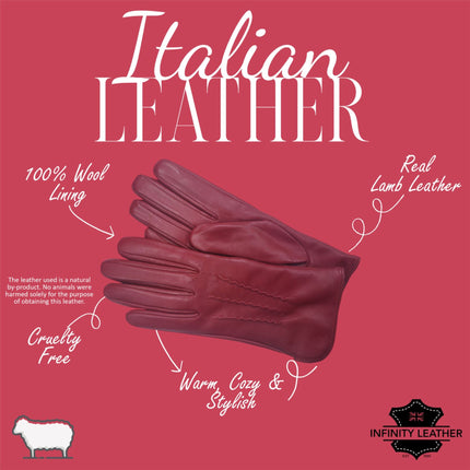 Womens Red Italian Leather Winter Stitch Line Design Soft Wool Lining Gloves - L-GLV-301