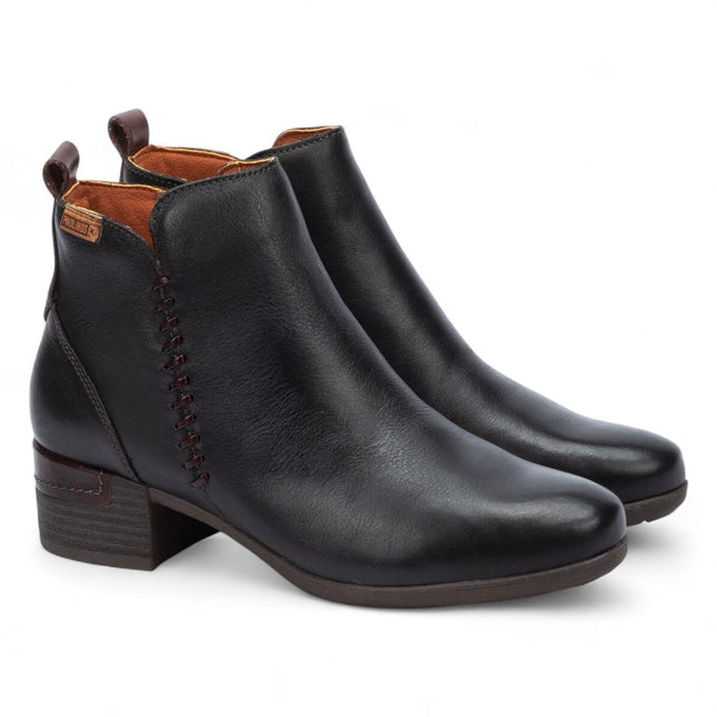 Pikolinos Women’s Black Leather Zip Heel Ankle Boots - Malaga