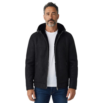Mens Black Sheepksin Hooded Shearling Bomber Jacket - Benalla