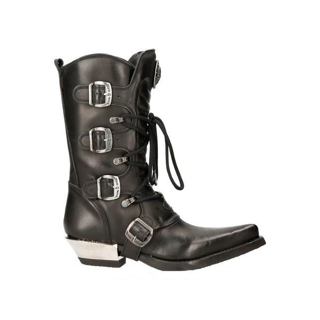 New Rock Black Leather Cowboy Buckle Boots- M-7993-S1