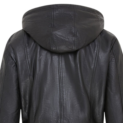 Women's Black Leather Parka Detachable Borg Hooded Trench Coat - Trekker