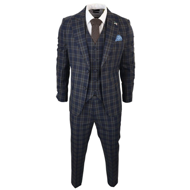 Men's Check Navy Blue 3 Piece Suit