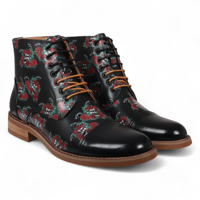 Justin Reess Men's Black Floral Skull Print Leather Oxford Ankle Boots - Adam Skull