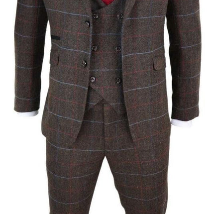 Mens 3 Piece Dark Brown Check Tweed Herringbone Vintage Classic Suit