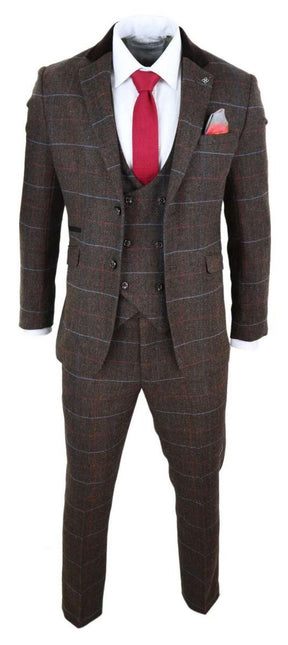 Mens 3 Piece Dark Brown Check Tweed Herringbone Vintage Classic Suit