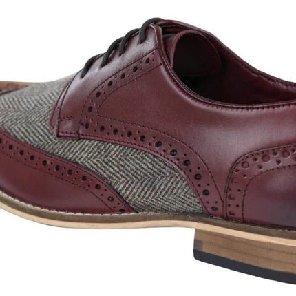 Mens Classic Oxford Tweed Brogue Derby Shoes In Burgundy Leather