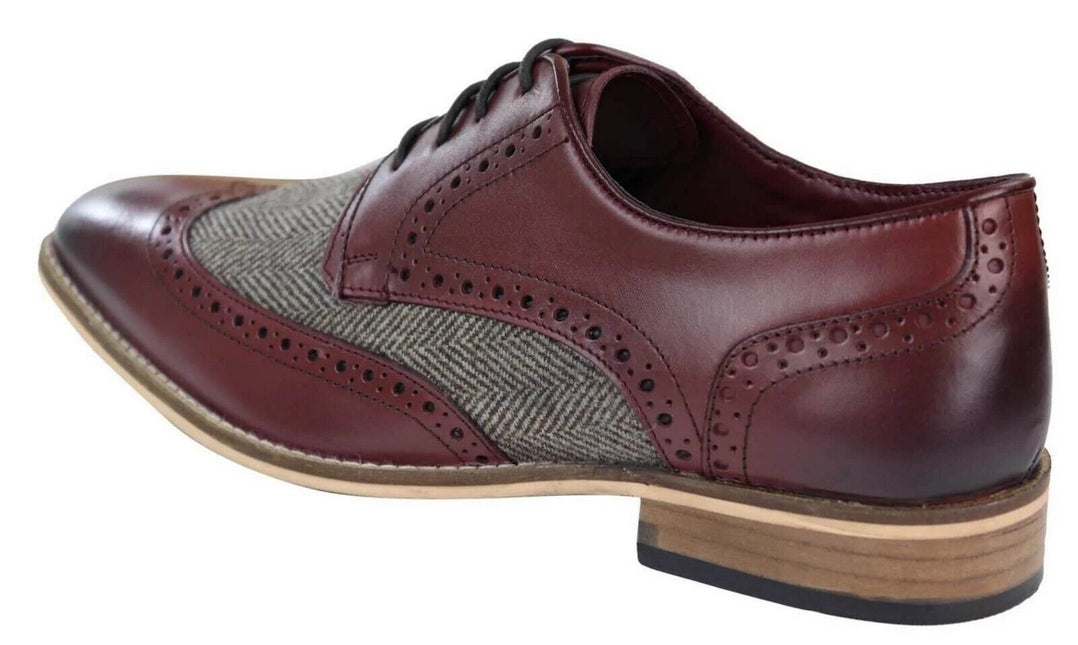 Mens Classic Oxford Tweed Brogue Derby Shoes In Burgundy Leather