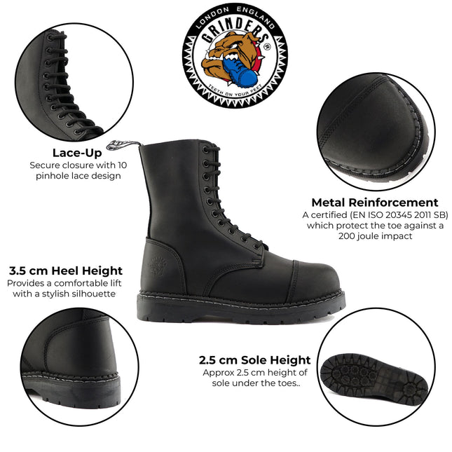 Grinders Unisex Black Stag Acs Leather Steel Toe Cap Lace Up Boots