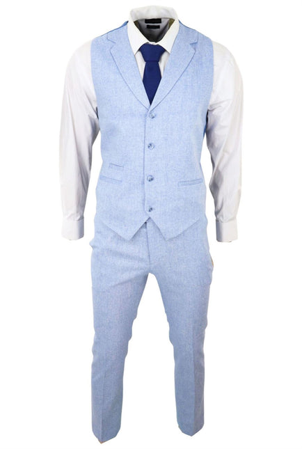 Men's Summer 2 Piece Suit Linen Formal Light Blue Waistcoat Trousers