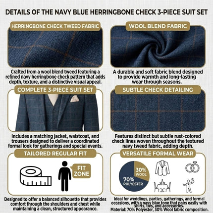Men's Navy 3 Piece Wool Blend Tweed Suit - Harris