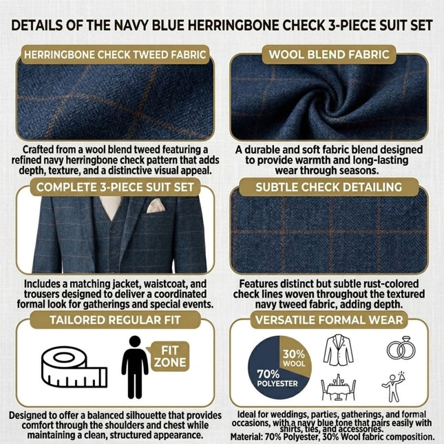 Men's Navy 3 Piece Wool Blend Tweed Suit - Harris