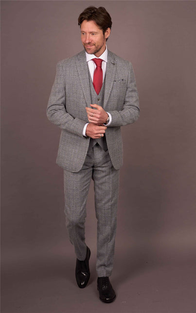 Men's 3-Piece Grey Classic Check Suit Slim Fit Plain Formal Party Suit