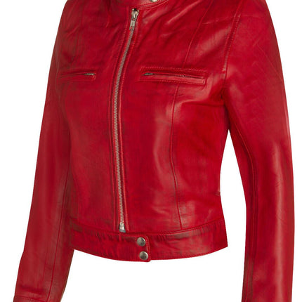 Womens Plain Leather Moto Biker Jacket-Braga