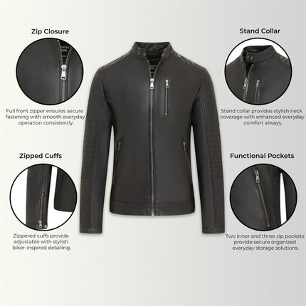 Men's Quilted Black Lamb Leather Biker Jacket - Formula