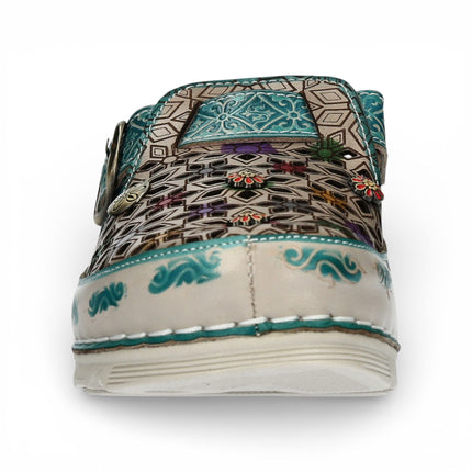 Laura Vita Women’s Dorry 01 Floral Blue Leather Wedge Slipper Sandals