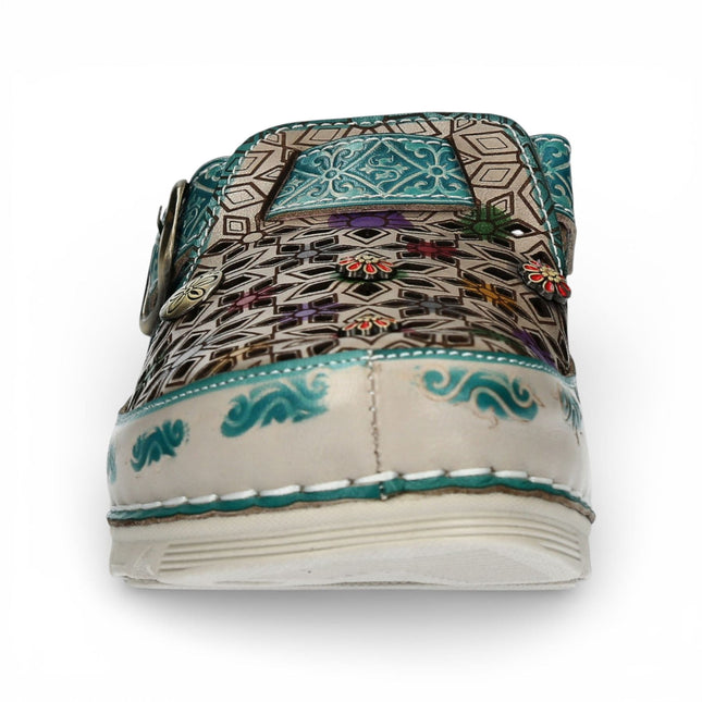 Laura Vita Women’s Dorry 01 Floral Blue Leather Wedge Slipper Sandals