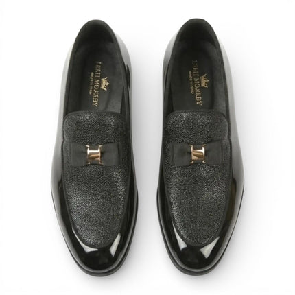 Mens Navy Blue Textured Front Iconic Buckle Bow Loafers Shoes