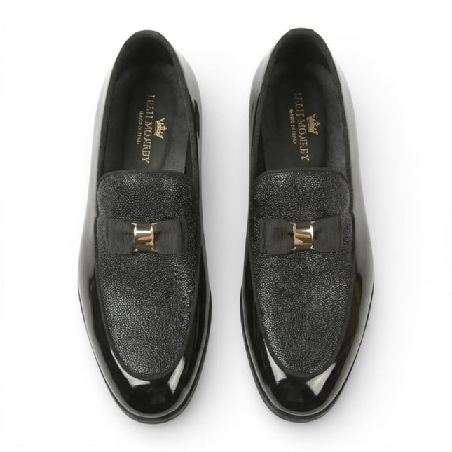 Mens Navy Blue Textured Front Iconic Buckle Bow Loafers Shoes