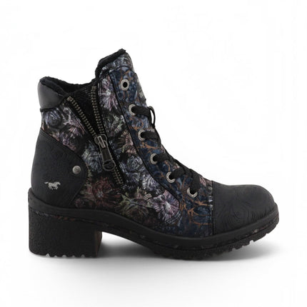 Mustang Women's Black Floral Lace-Up Winter Ankle Boots - M0092001
