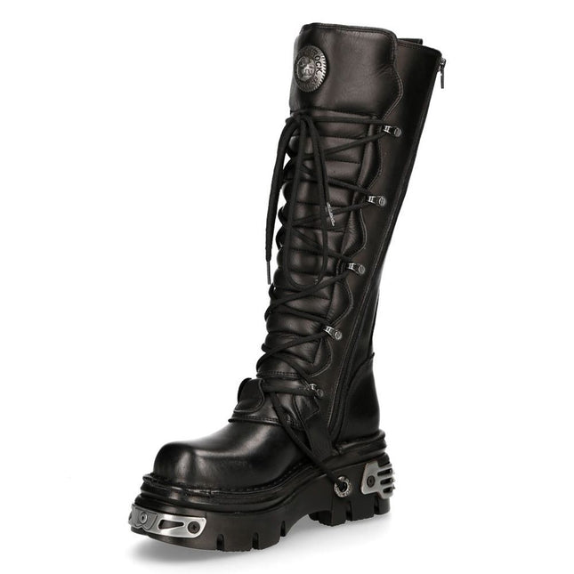 New Rock Knee High Black Leather Gothic Boots - 272-S1
