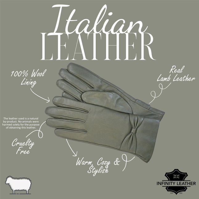 Womens Olive Green Italian Leather Winter Bow Design Soft Wool Lining Gloves - L-GLV-401
