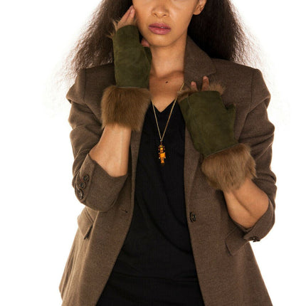 Womens Shearling  Mittens Fingerless Cuffs Toscana Suede Sheepskin Fur