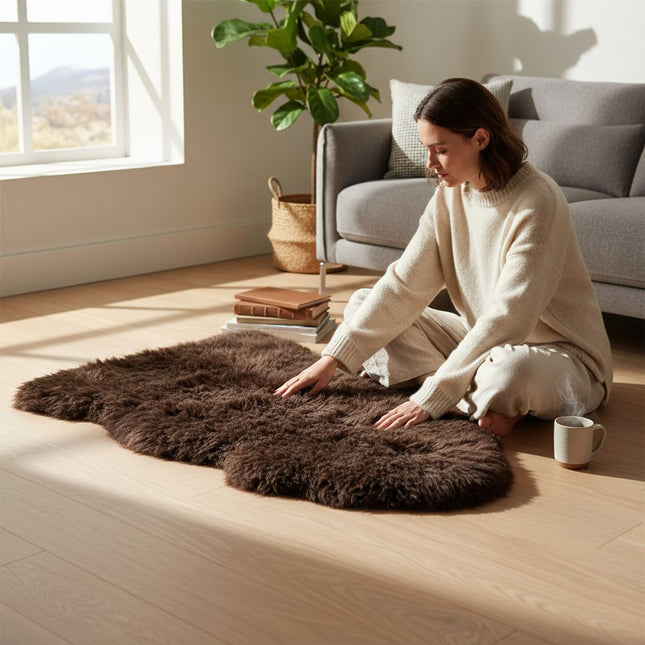 Genuine Chocolate Brown Sheepskin Natural Silky Soft Fluffy Real Wool Rug