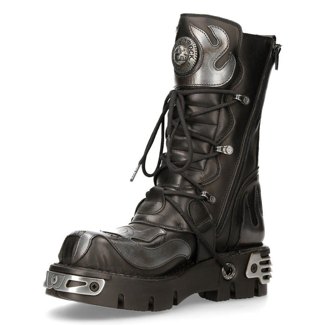 New Rock Flame Accented Black/Silver Leather Biker Boots - 107-S2