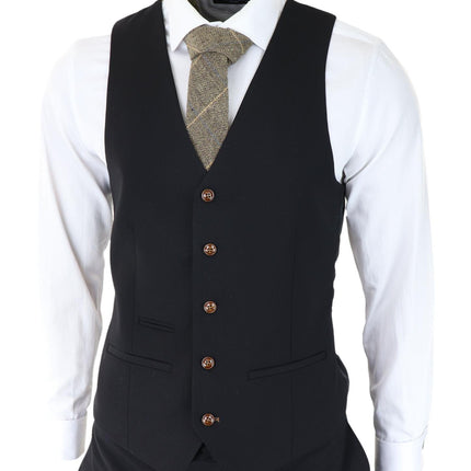 Mens Black 3 piece Suit Brown Trim Classic Birdseye Vintage Wedding Grooms